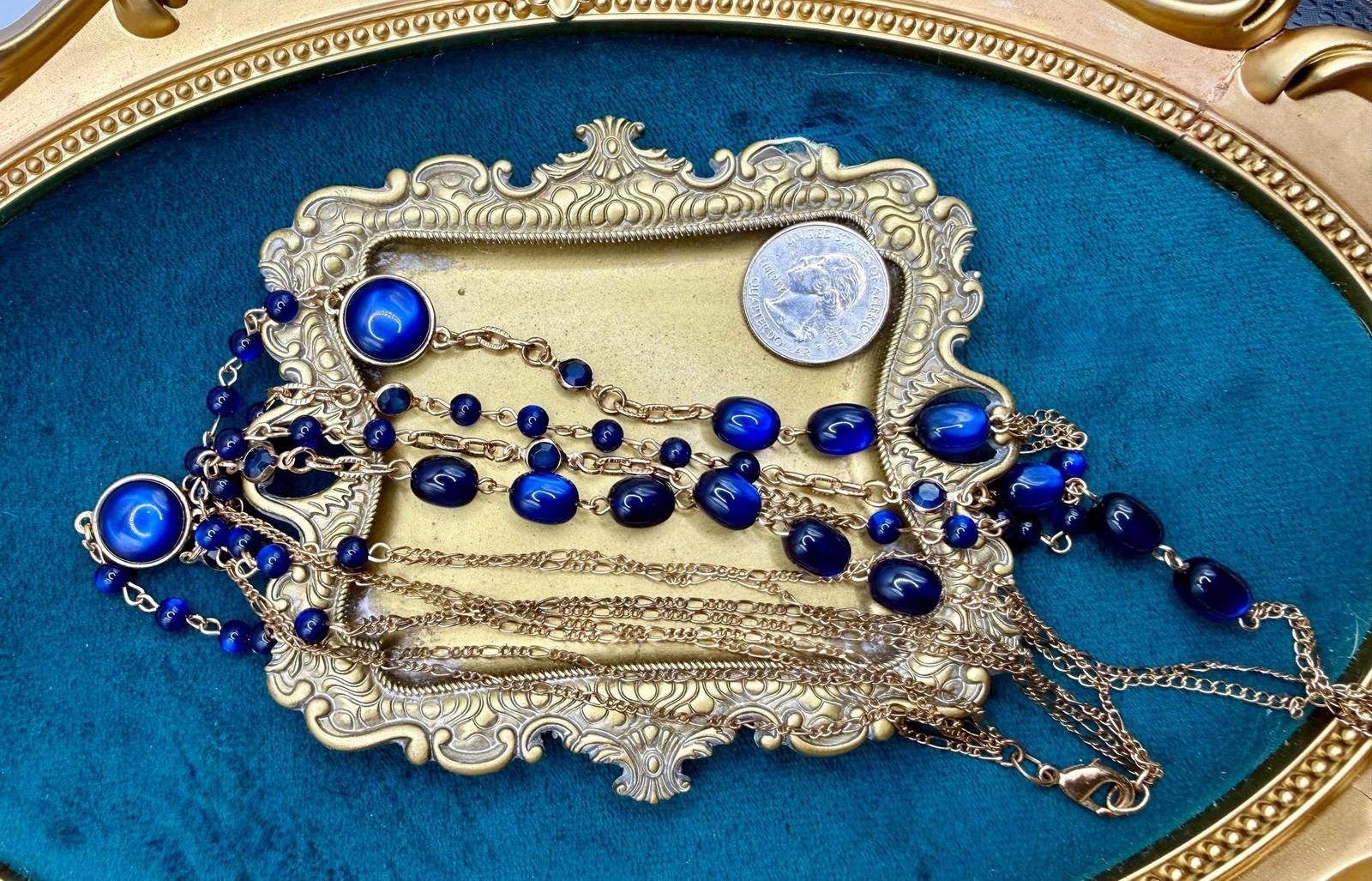 Cobalt Blue Glass Multi Strand Necklace, Gold Tone Layered Festoon Jewelry