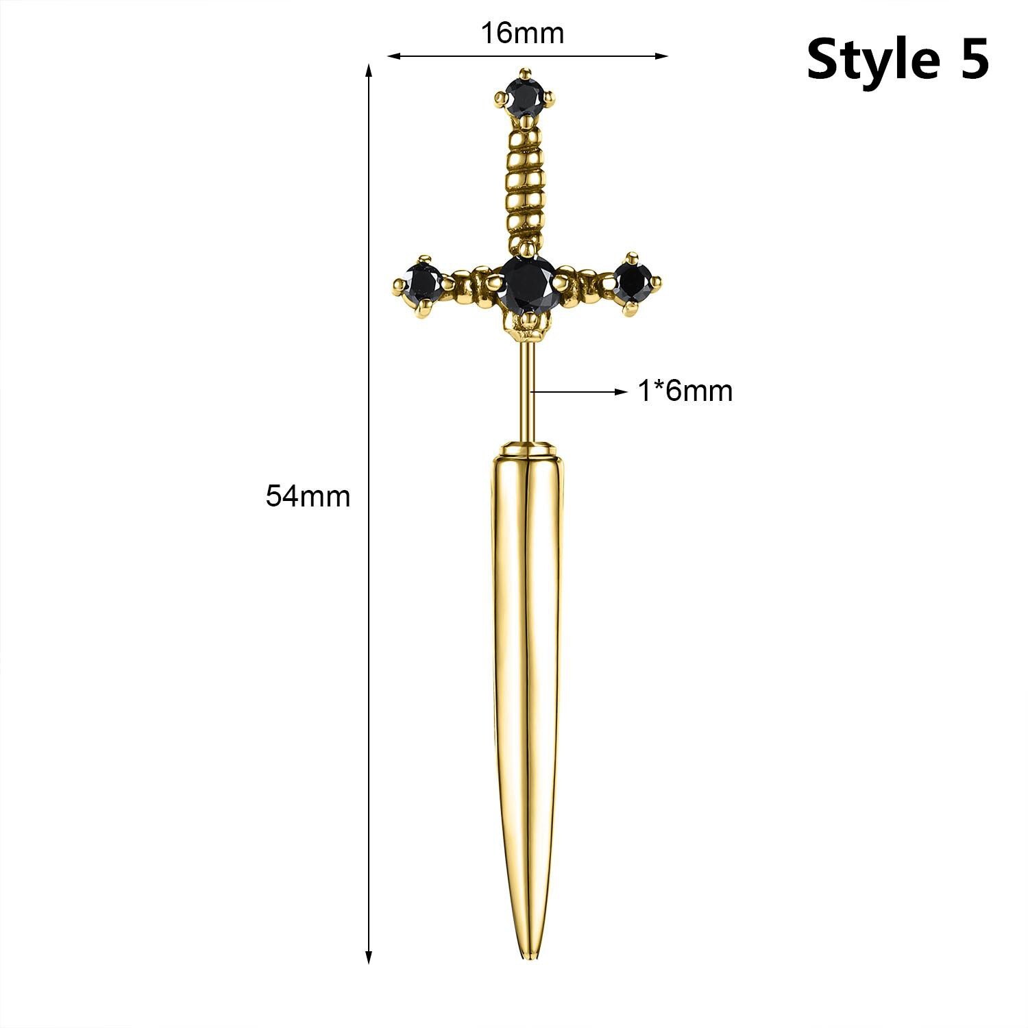 20G Punk Stainless Steel Stud Earrings CZ Dagger Sword Ear Stud Piercing Jewelry