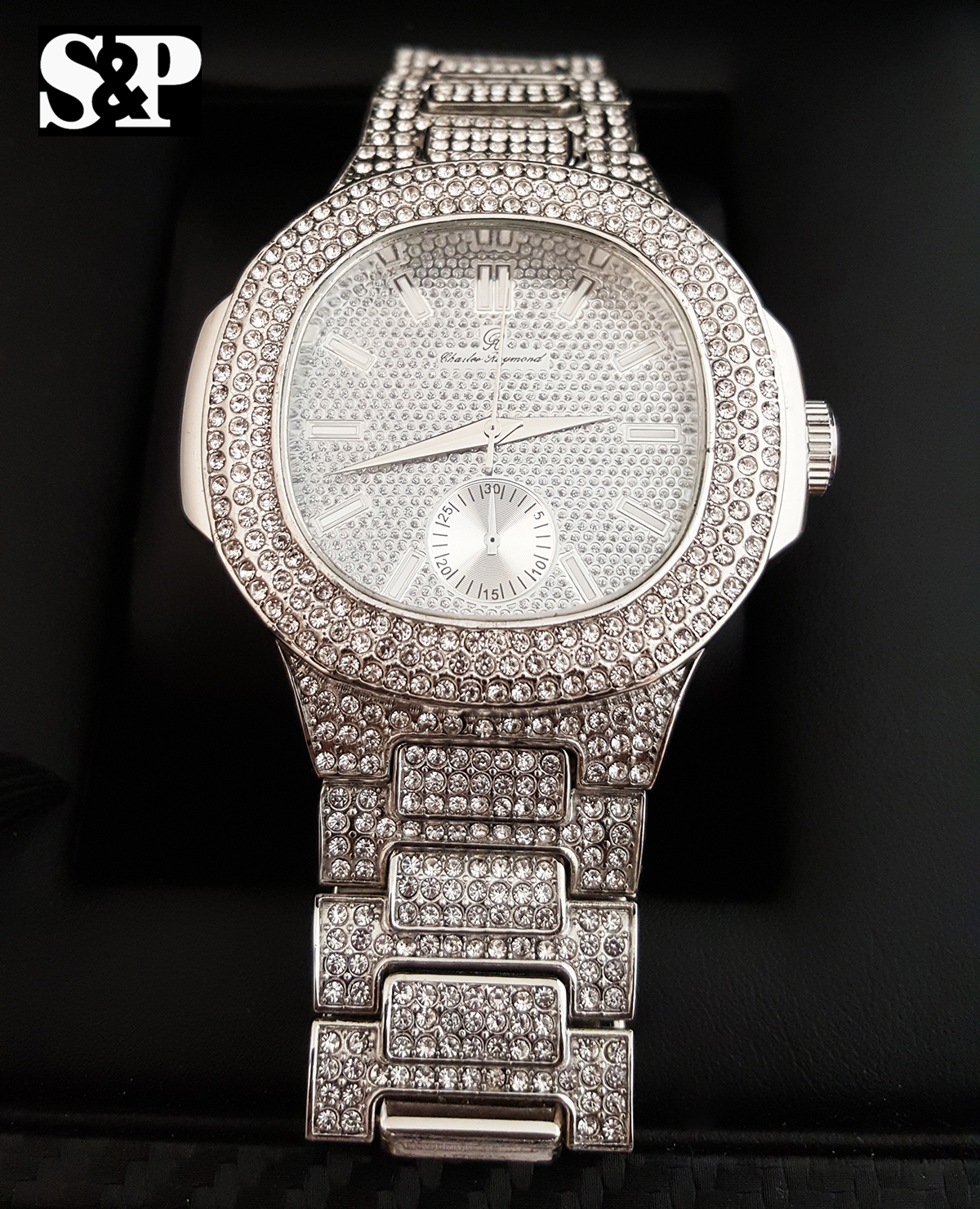 Men’s Luxury Urban Style Bling White Gold PT Simulated Diamond Bracelet Watch