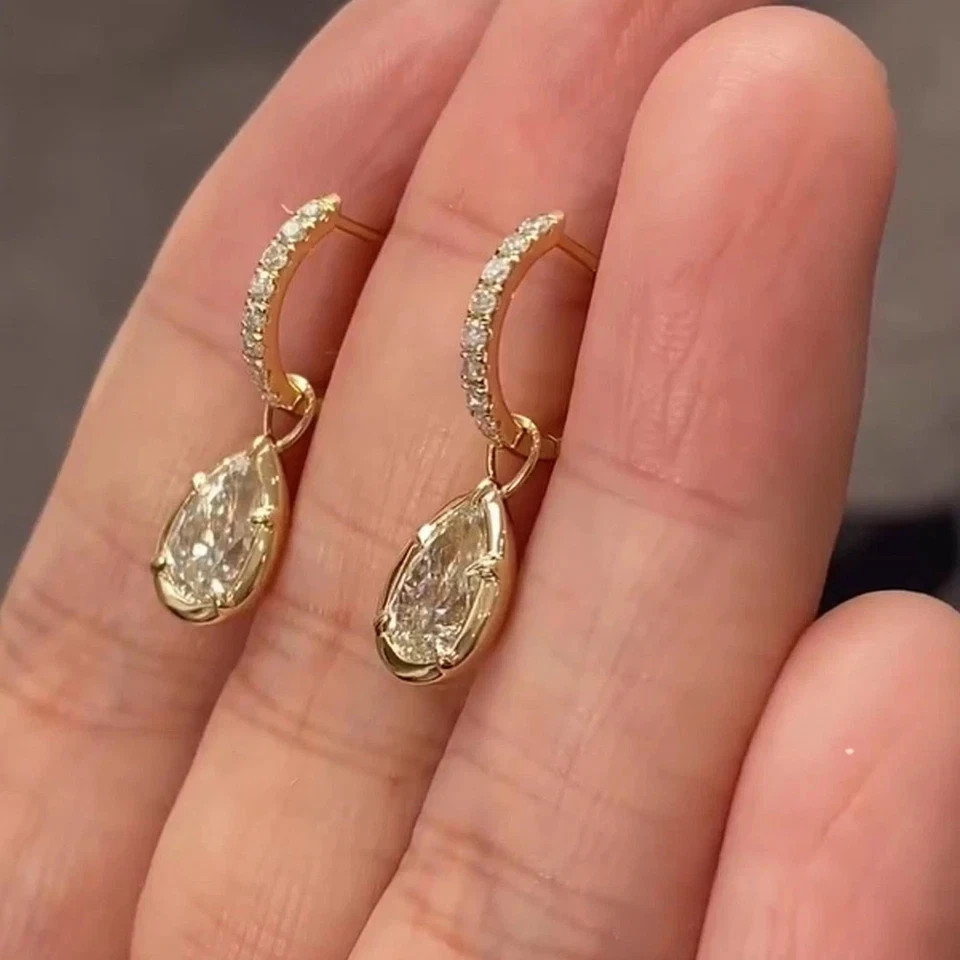Pear 3 CT EF-VS1 Lab Grown Diamond Wedding Drop Dangle Earrings 14K Yellow Gold