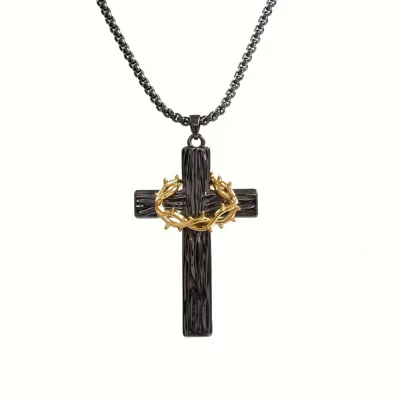 Black Christian Cross Necklace Crown of Thorns Pendant Religious Gift Jesus Mens