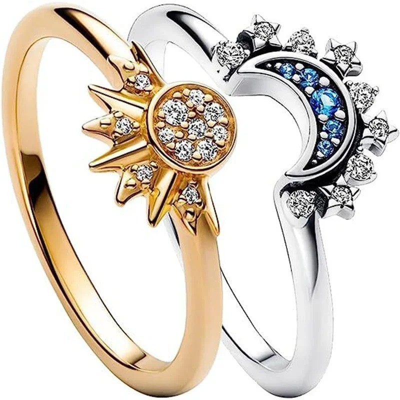 2pcs Couple Ring Set Sky Blue Sparkling Moon and Sun Ring Stackable Finger Set