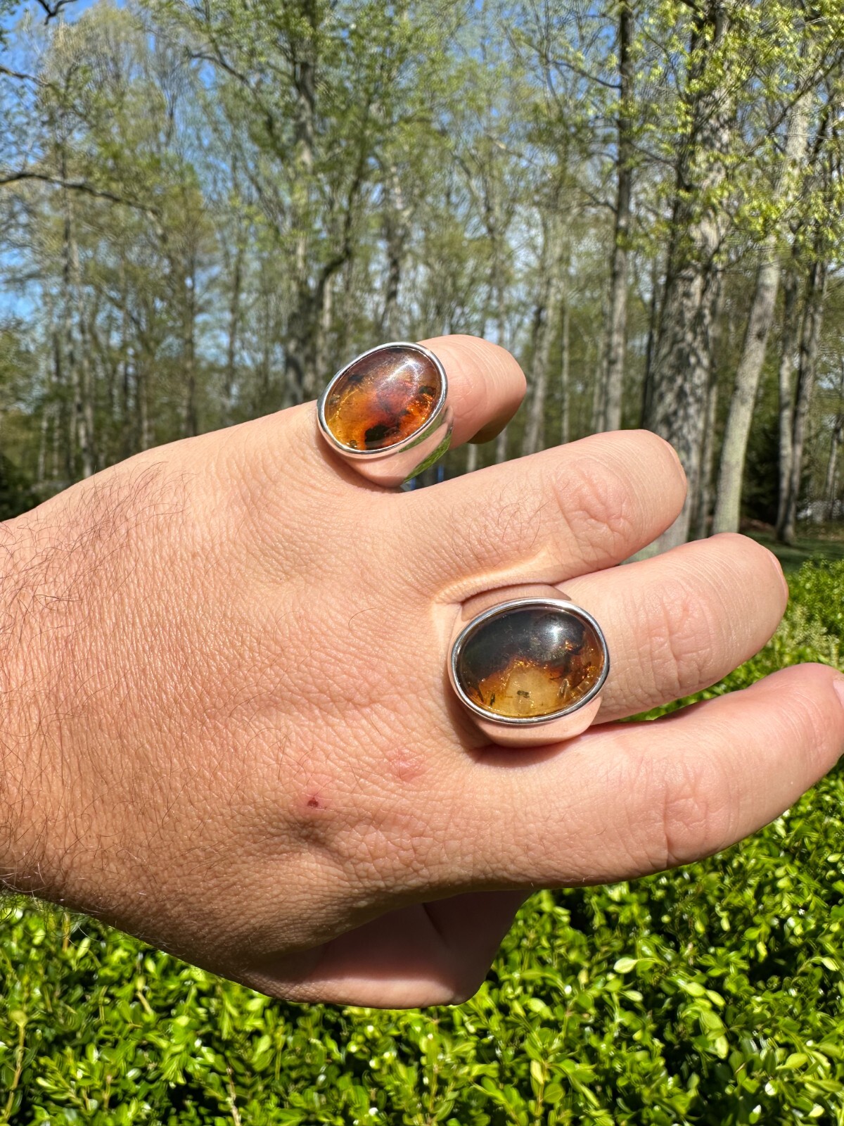 Large Genuine Baltic Amber Stone Mens Real Solid 925 Sterling Silver Signet Ring