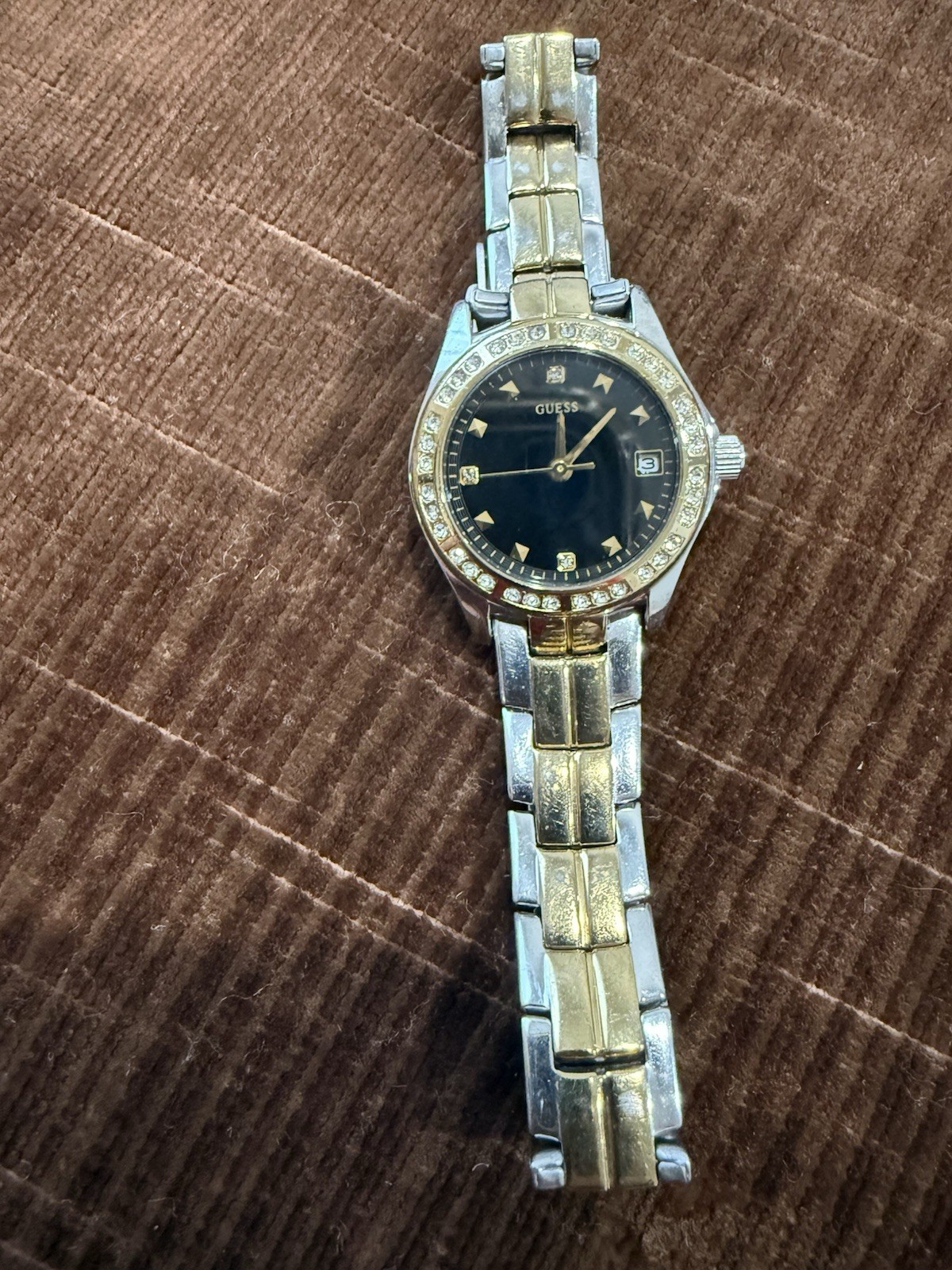 GUESS Women’s Two-Tone Bracelet Watch Quartz Black Dial Date Gem-Set Bezel