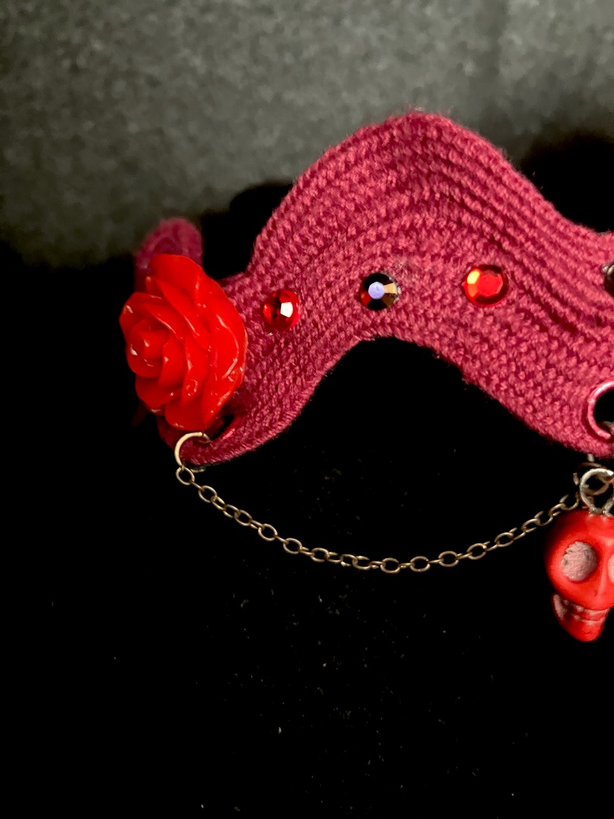 Maroon And Red Skull And Rose Spring Back Choker, MiaChavi Geekery