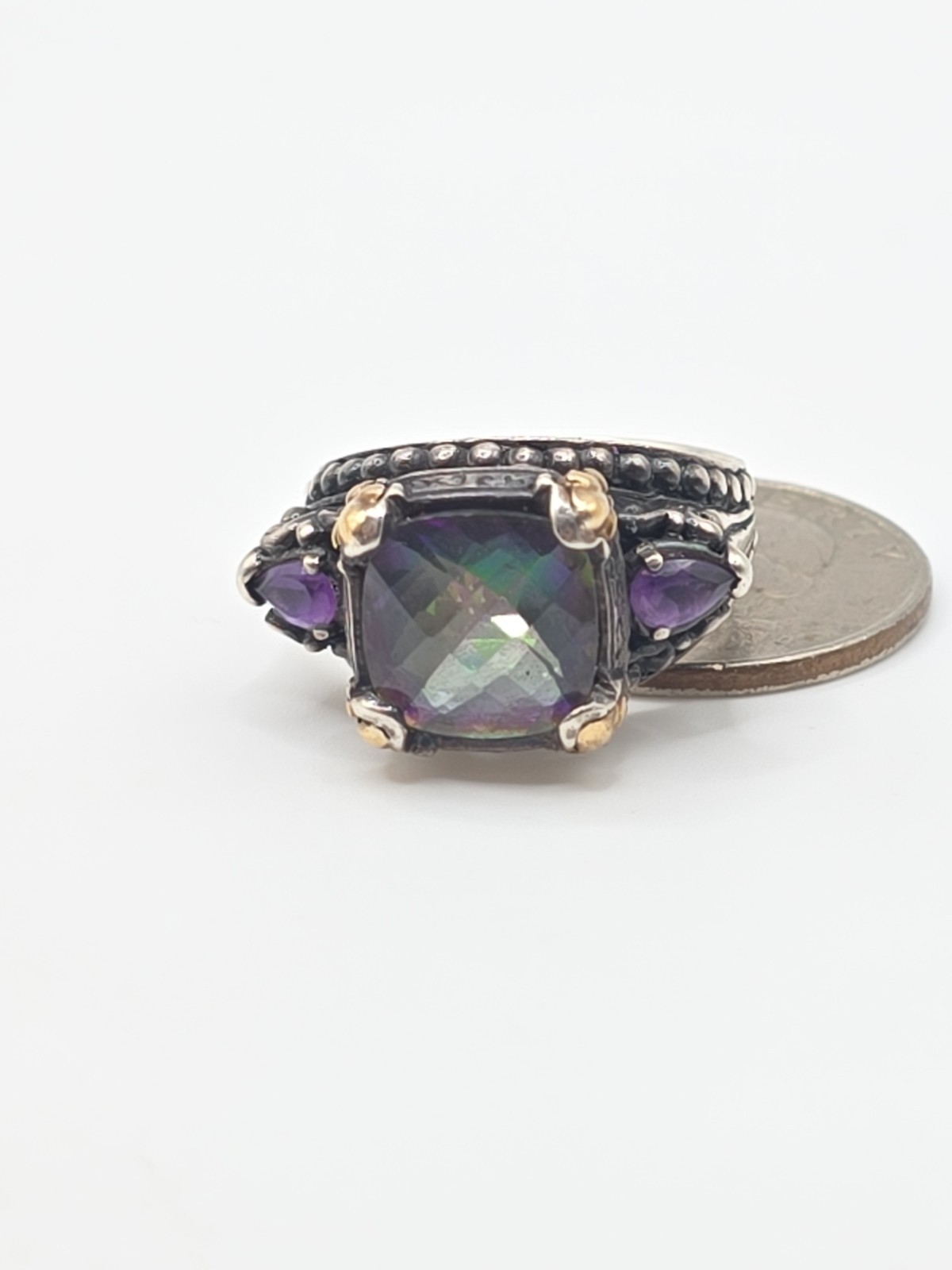 Barbara Bixby Sterling Silver 925 & 18k Mystic Topaz Amethyst Ring Size 9 8.5g