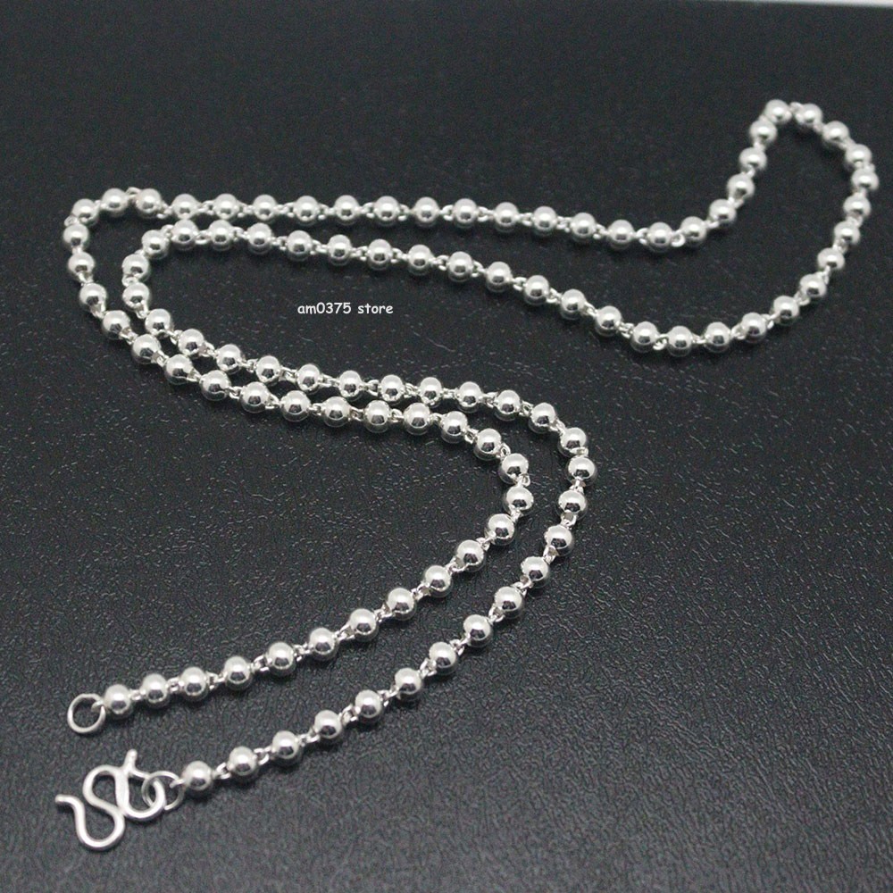 Pure 999 Fine Silver Chain Women Men 4mm Polish Beaded Necklace 22inch /14-15g