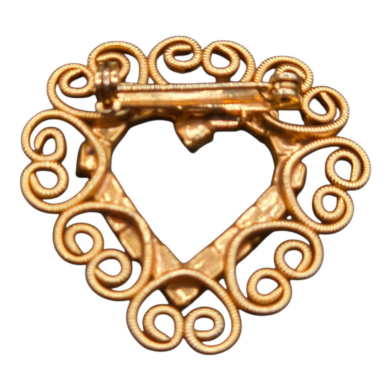 Filigree Gold-Tone Heart Brooch Red Glass Rhinestones 1.25″x1.25″