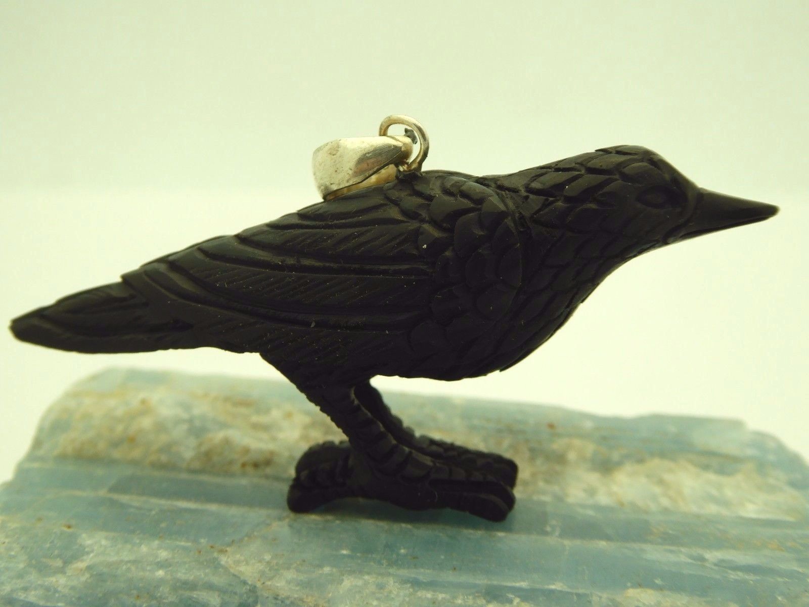 Black Crow Water Buffalo Horn Sterling Silver 3D Bird Pendant Talisman Necklace