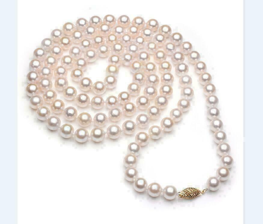 AAAAA 7-8MM perfect Akoya white pearl necklace 36 inch 14k Yellow Gold Clasp