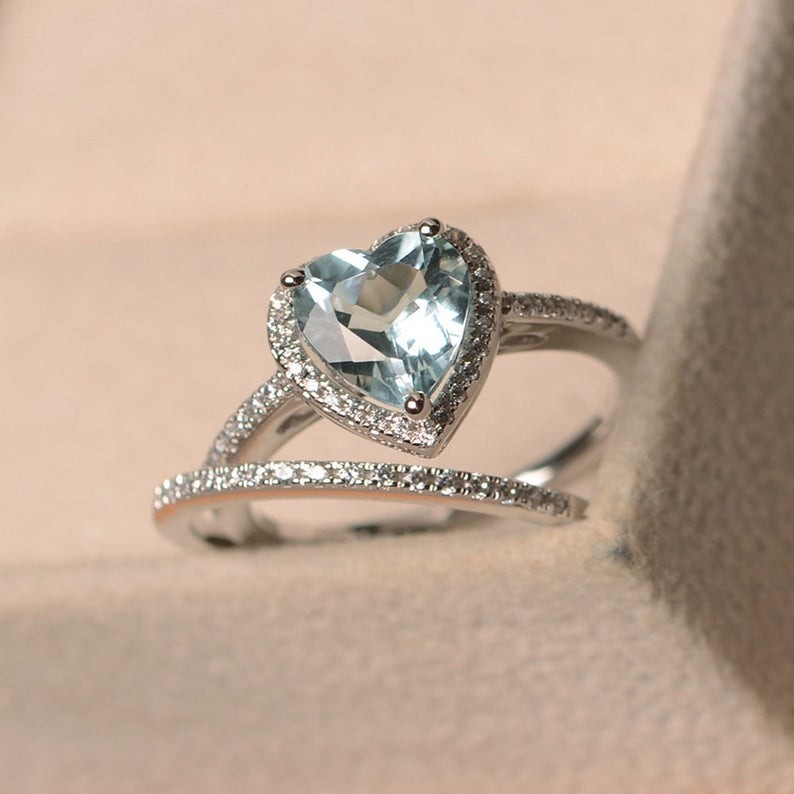 1.39 Ct Heart Natural Aquamarine Diamond Wedding Ring 14K White Gold Size 8