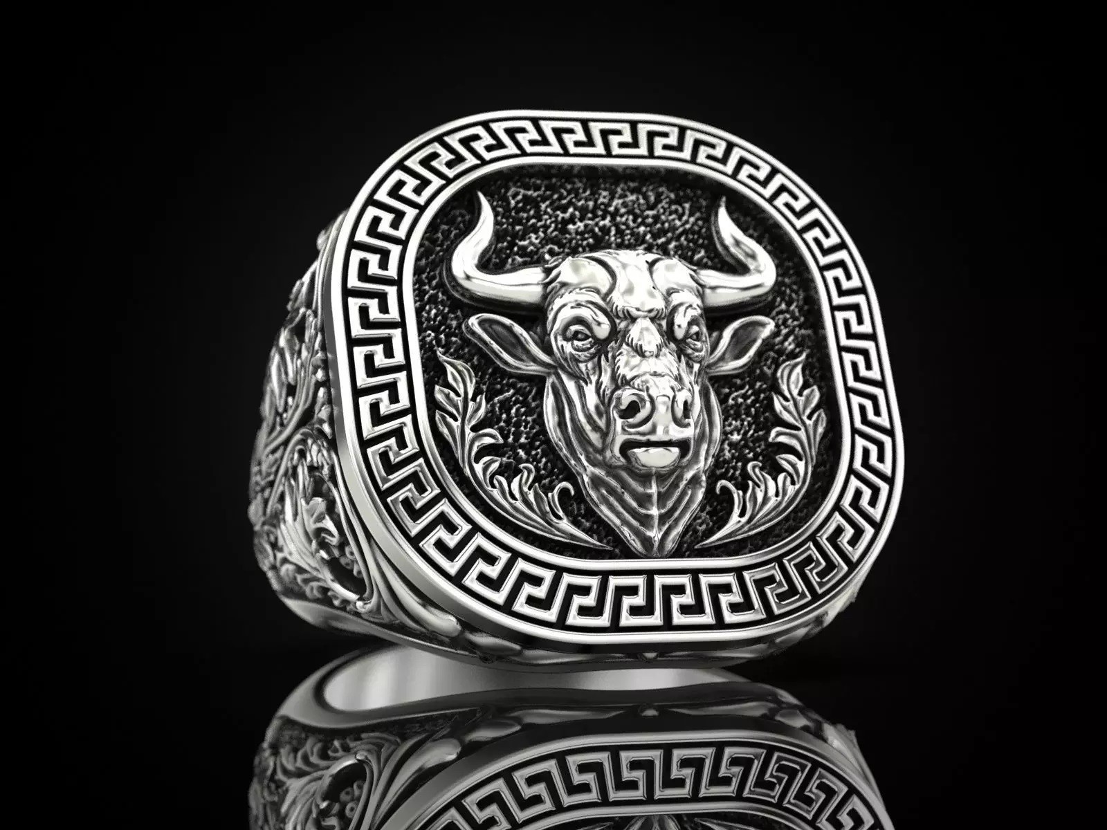 Oxidized Men’s Greek Ornament Pattern Bull 925 Sterling Silver Statement Rings