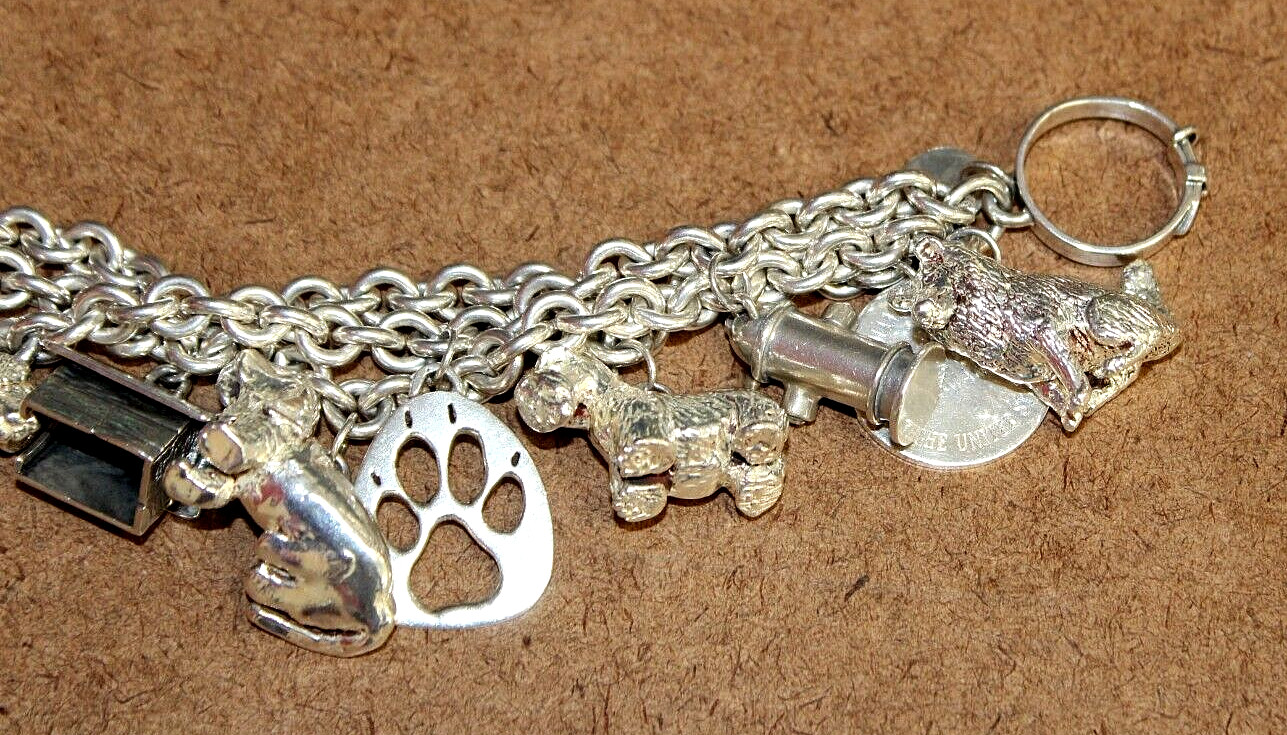 Susan Cummings Sterling Dog Lover 3 Strand Charm Bracelet w/ Earrings [093WEI]