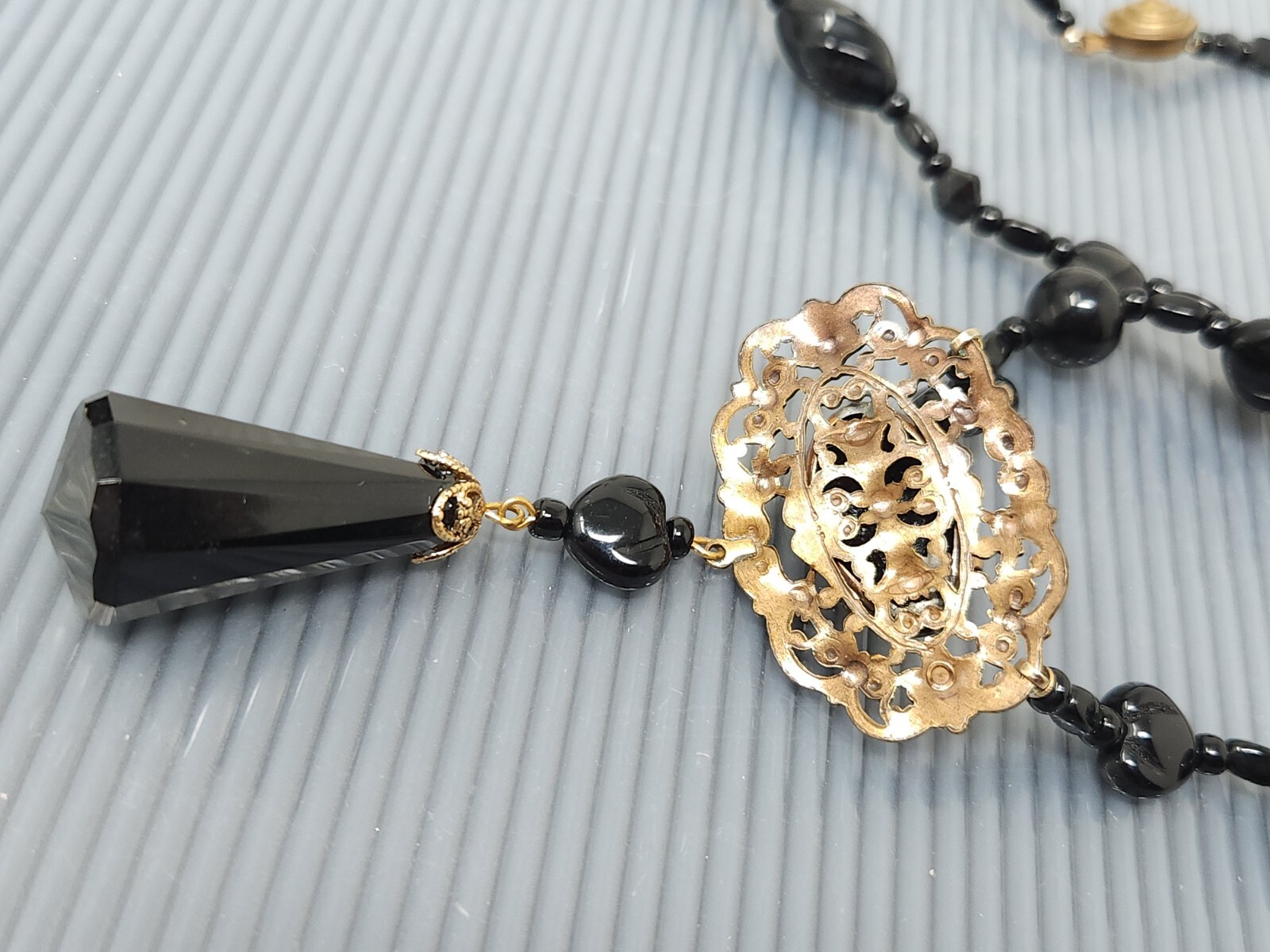 Vintage Victorian Mourning French Jet Glass Black Dangle Necklace 28″