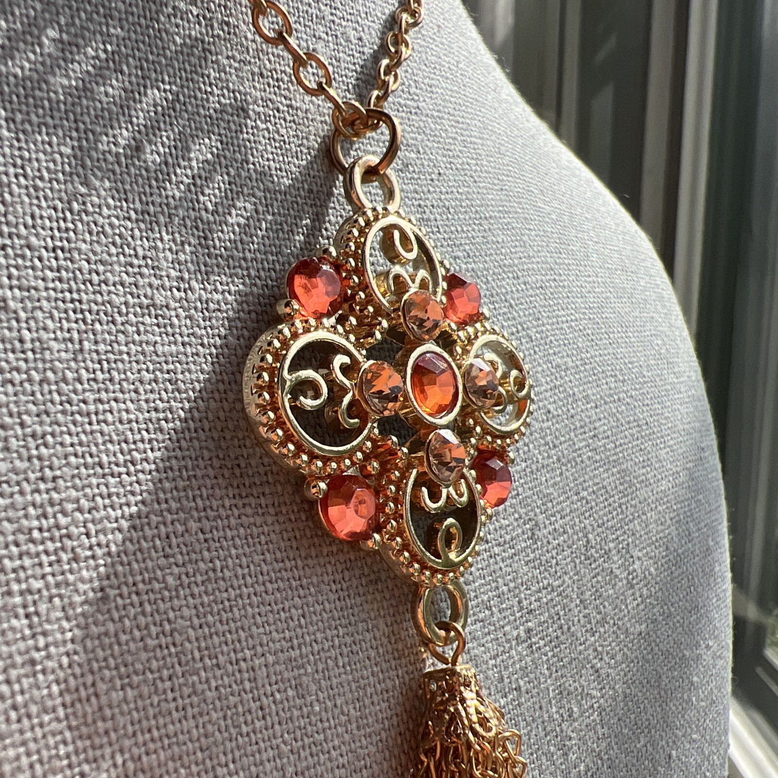 Mid-Century Orange /Pink Rhinestone Gold Tone Tassel Statement Necklace Fabulous