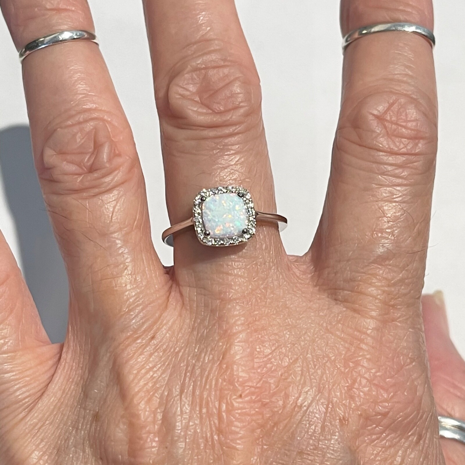 Sterling Silver Square White Lab Opal Ring, Silver Rings, CZ Ring, Wedding Ring