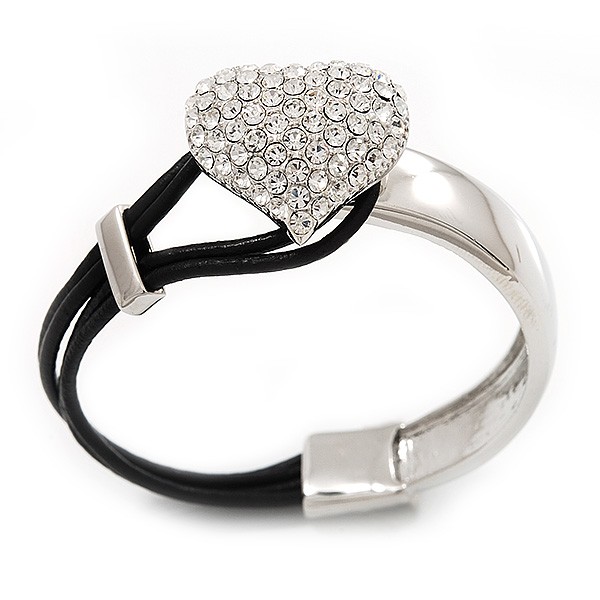 Silver Tone Diamante ‘Heart’ Leather Cord Bracelet – 17cm Length
