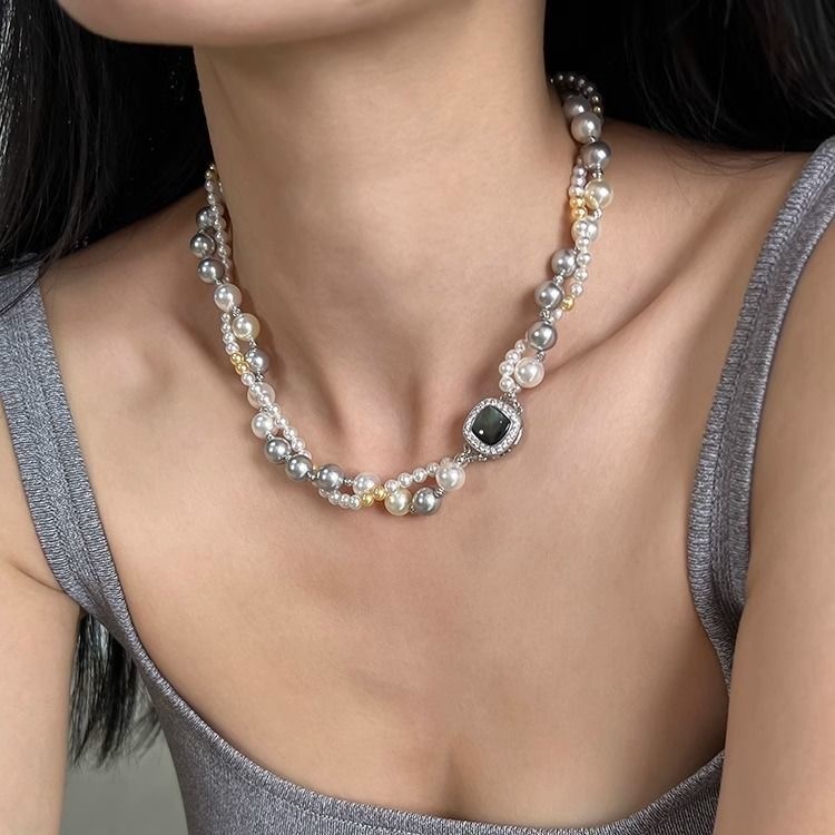 Two-Tone Pearl Choker Necklace with Black Crystal Pendant for Women