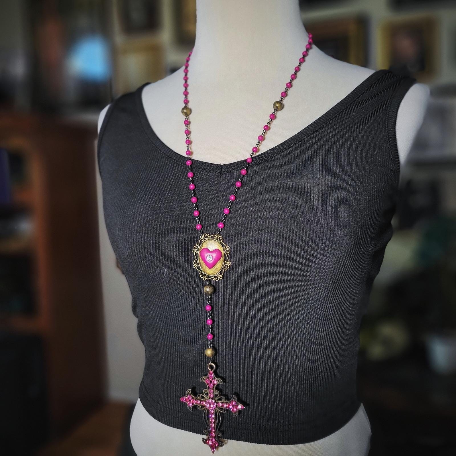 Handmade Hot Pink Rosary Necklace Polymer Clay Swarovski Cross Gothic