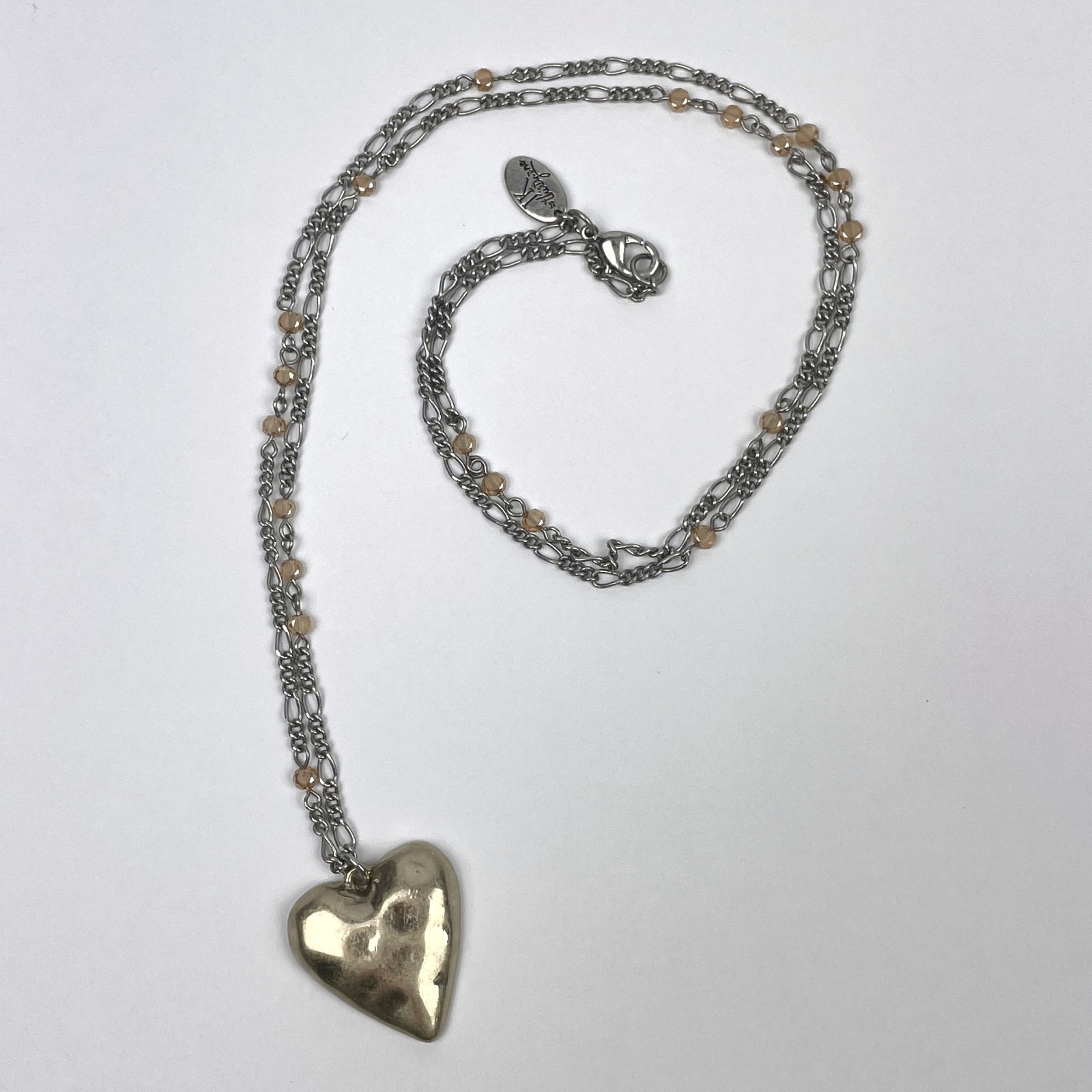 JK By Thirty-One Loving Heart Two-Tone Necklace 34″ Chain Hammered Pendant