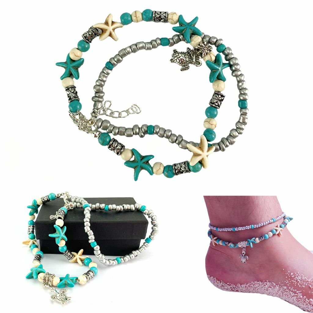 Boho Ankle Bracelet Silver Tone Women Fashion Beaded Adjustable Beach Anklet US