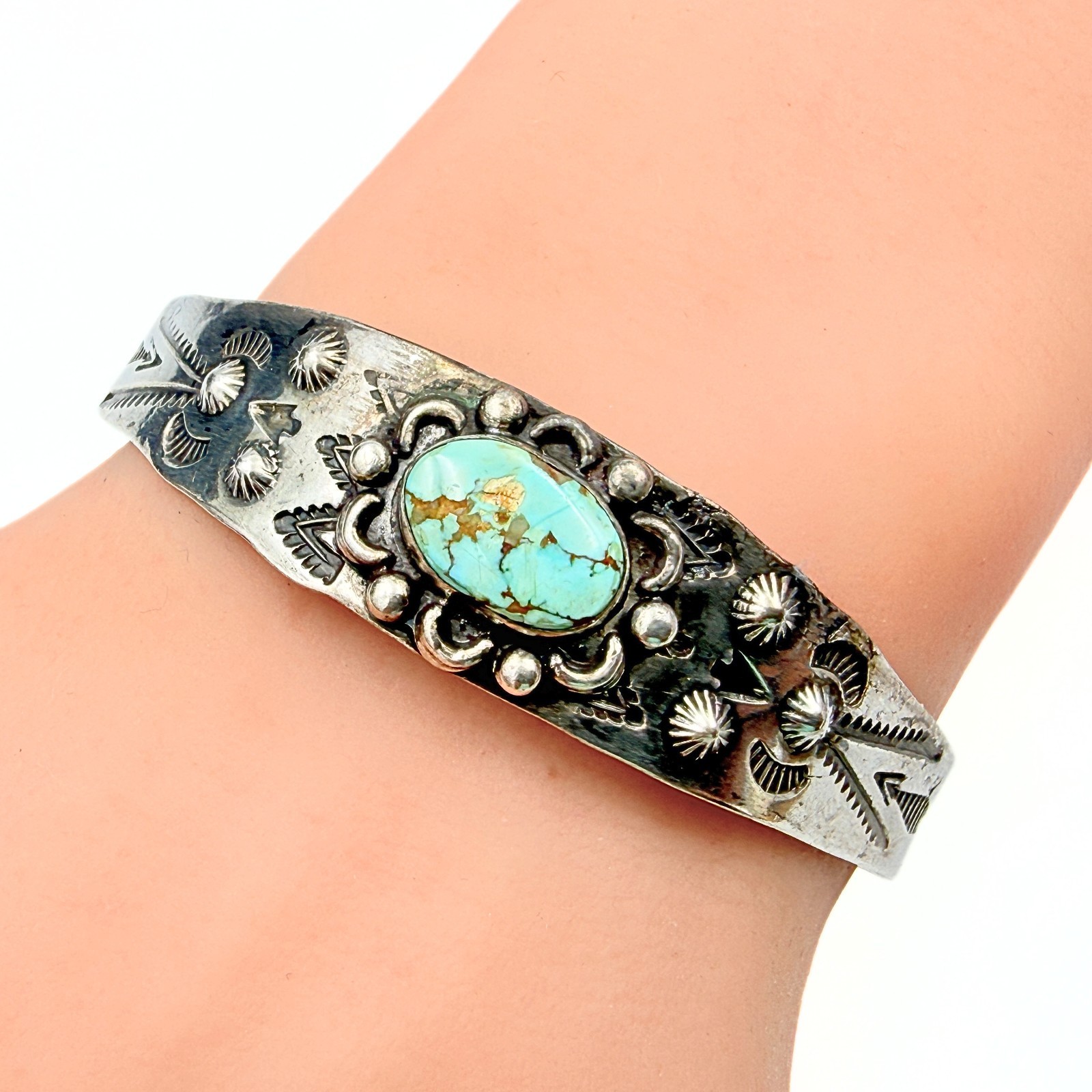 Vintage Fred Harvey Era Navajo Sterling Silver Turquoise Cuff Bracelet