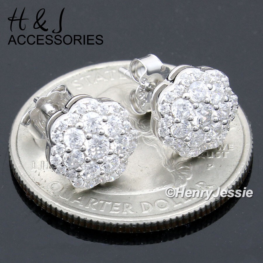 SOLID 925 STERLING SILVER 8MM ICY BLING CZ 3D FLORAL CLUSTER STUD EARRING*AE282