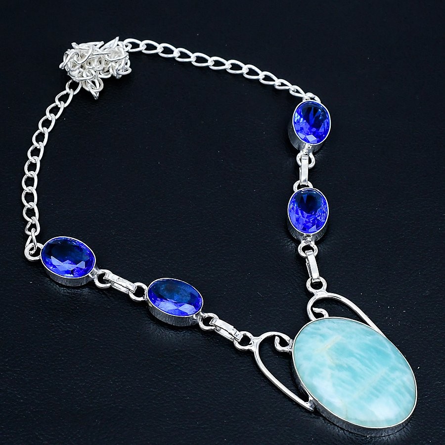Amazonite, Blue Topaz Gemstone 925 Sterling Silver Jewelry Necklace 17-18″ G249