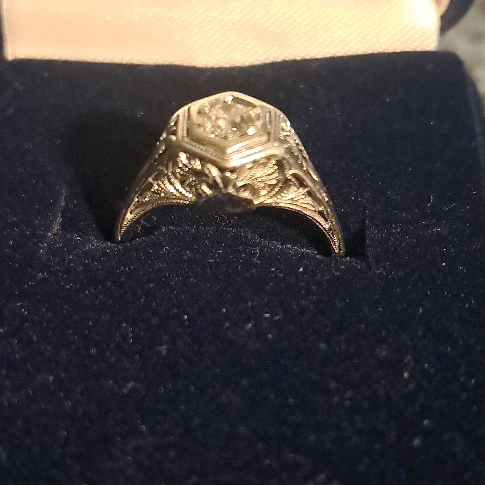 Vintage Style Silver Tone Ring Hexagon Setting with Clear Stone Filigree Detail