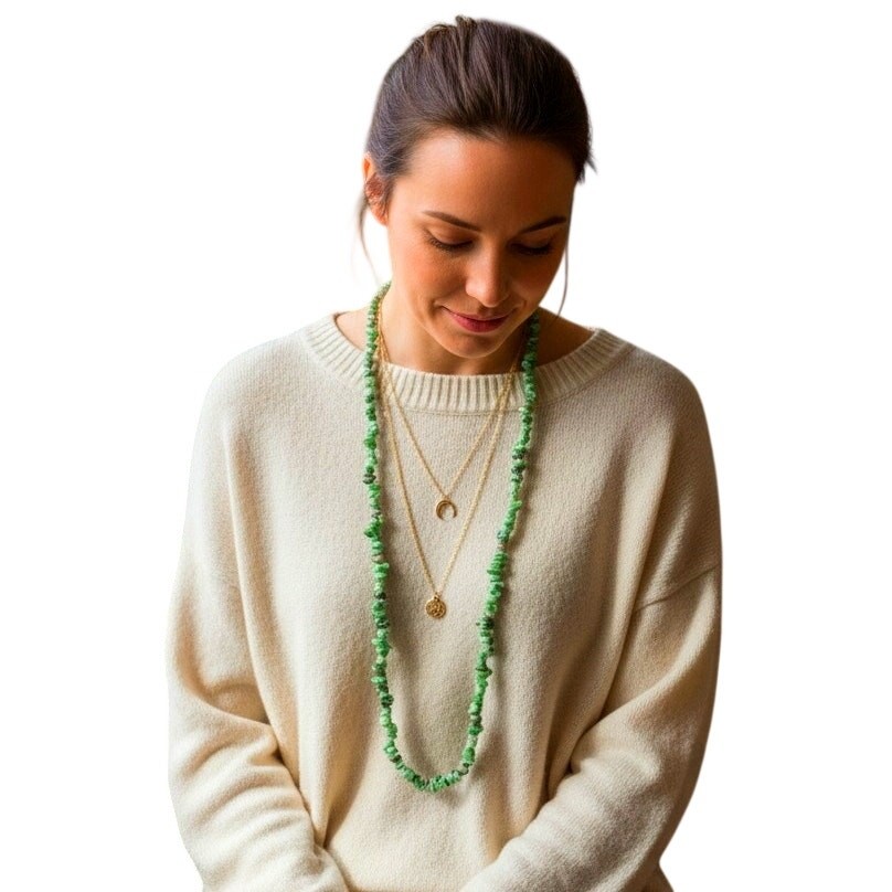 Natural Ruby Zoisite Long Gemstone Necklace | 32” Green Stone Strand