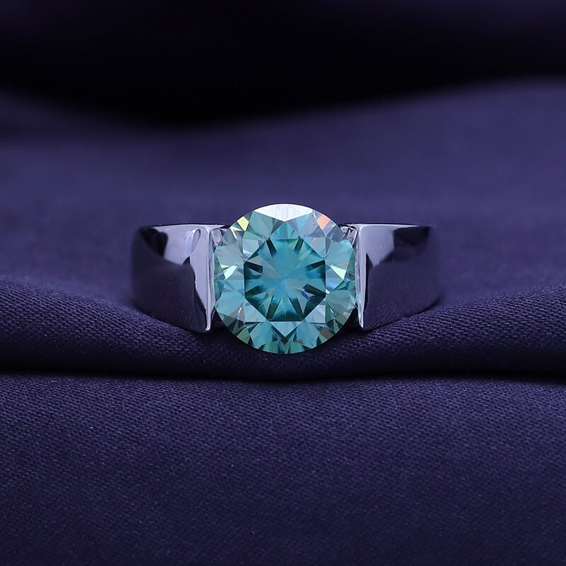 3.00 Ct Round Green Moissanite Men’s Engagement Ring In 14K White Gold Plated