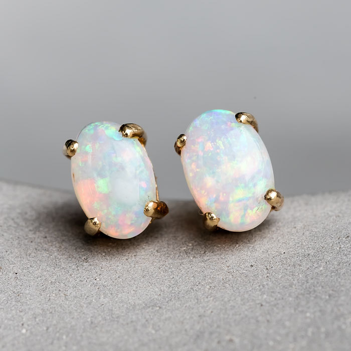 Oval Natural Australian Crystal Solid Opal Stud Earrings in 14k Yellow Gold