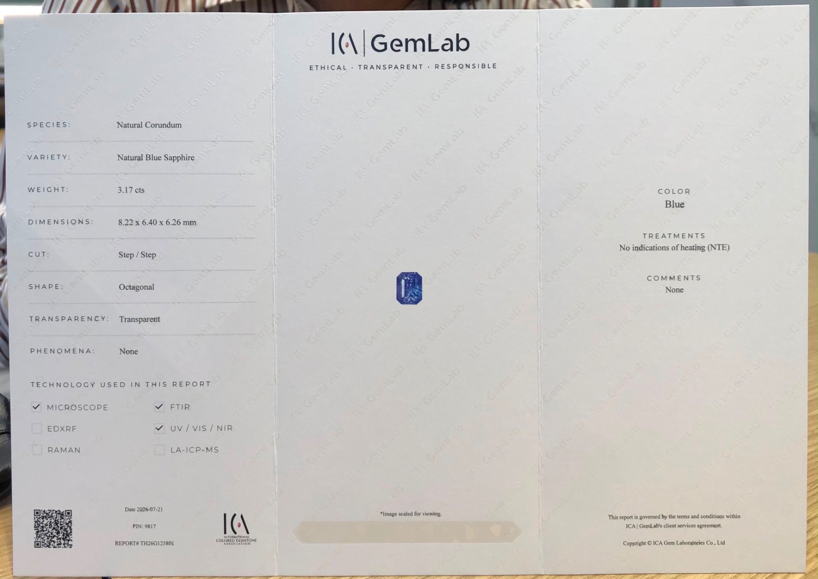 Natural Blue Sapphire 3.17 Ct Octagonal Step Cut NTE ICA GemLab