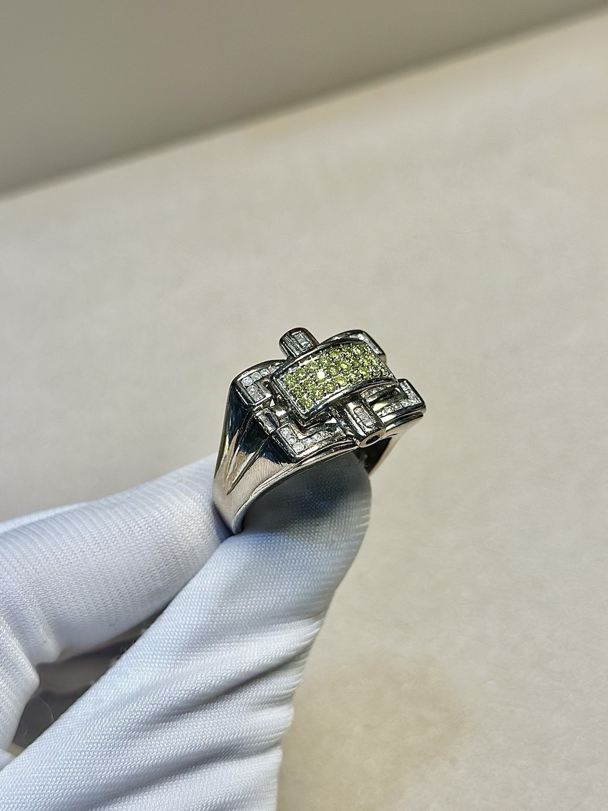 14K White Gold Fancy Yellow Diamond Geometric Ring -Approx 1.50 CTW – 14.8 Grams