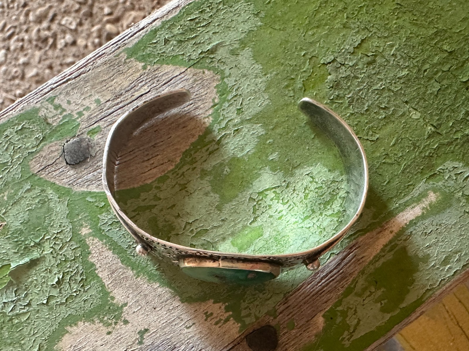 Fred Harvey Era Navajo Sterling Oval Turquoise Cab Stamped Cuff Bracelet 30s-40s