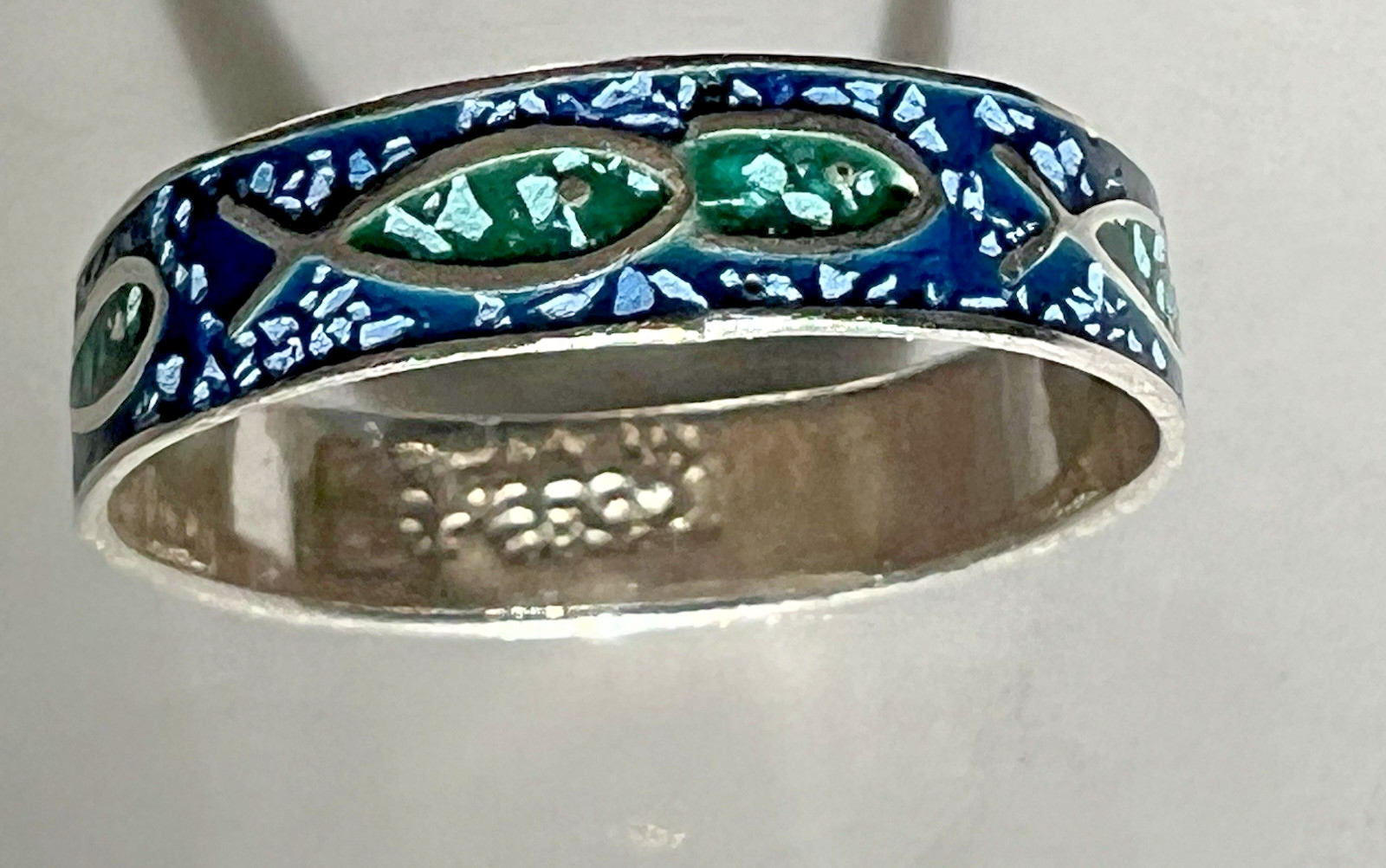 Vintage Antique Solid 14k Gold 585 Stamp Enamel Fish Figure Blue Ring Size 6.75