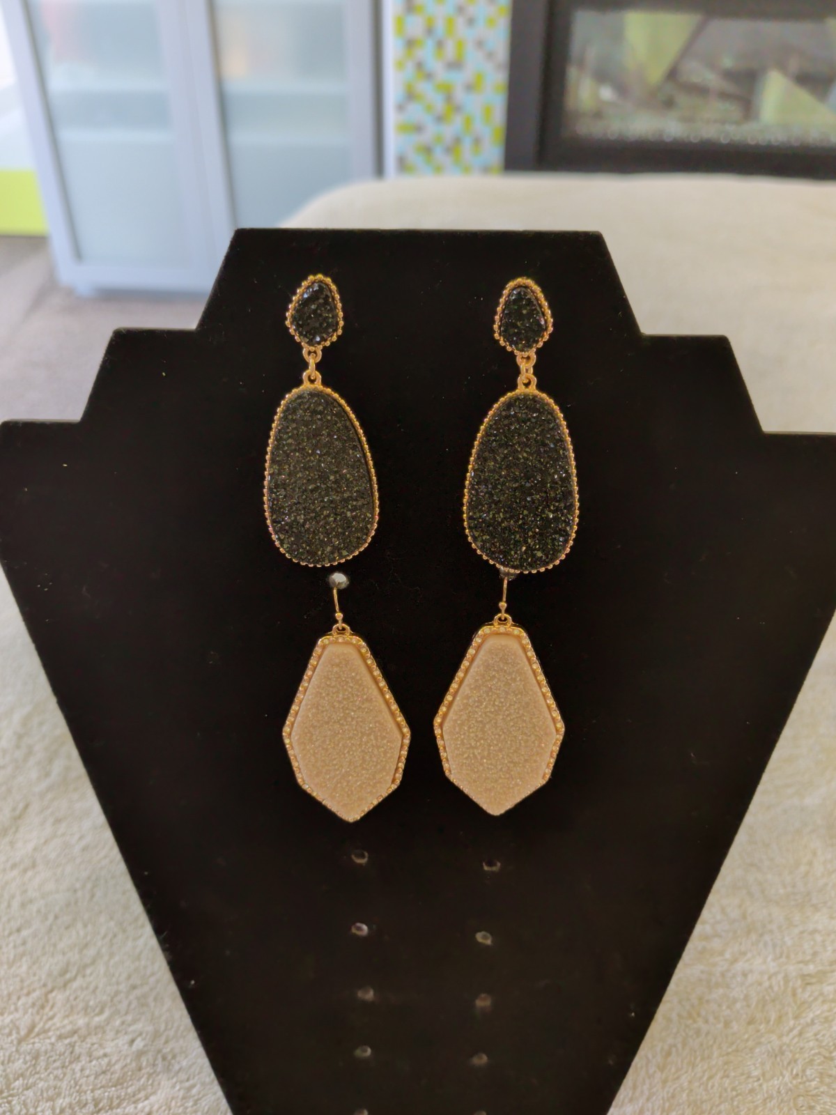 Set Of Two Earrings. Black And Gold Posts & Beige And Gold Dangle