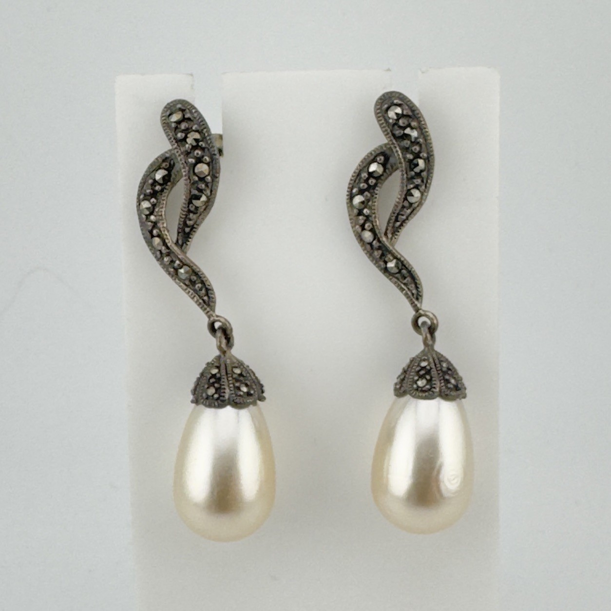 Vintage Art Deco HAN 925 Sterling Silver Marcasite Pearl Drop Dangle Earrings