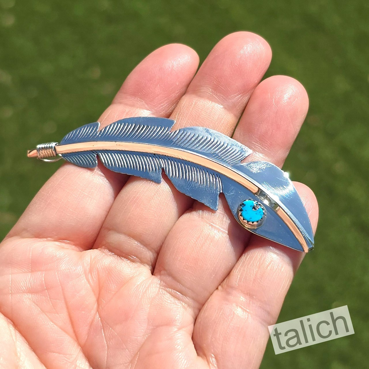 Navajo Billy Long Shiny Sterling Silver Blue Turquoise Large Feather Pendant