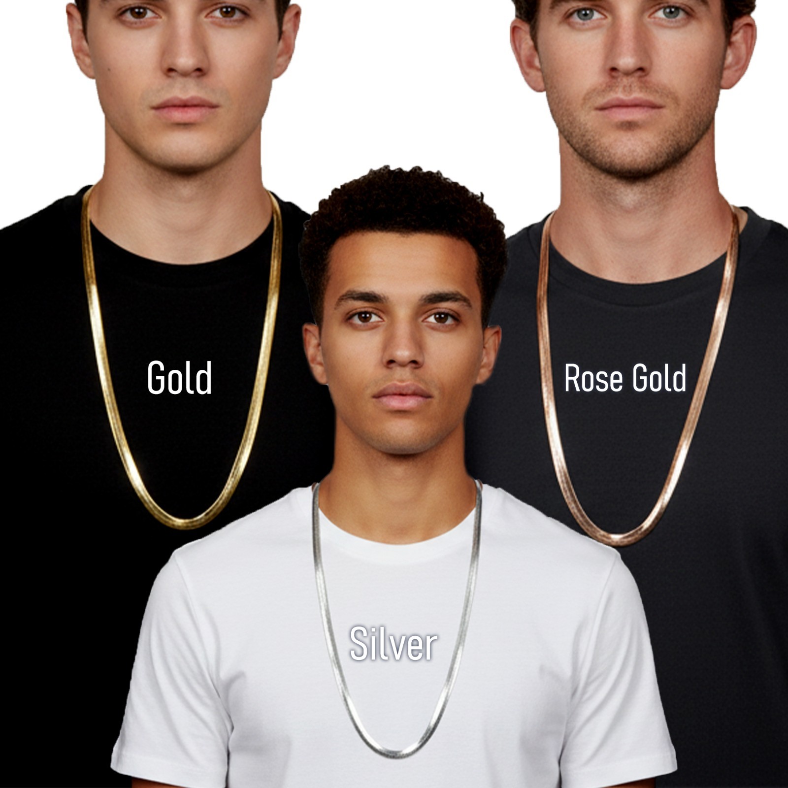 14K Gold Chain Necklace Herringbone 11mm 30″In | Silver & Rose Gold Plated Snake