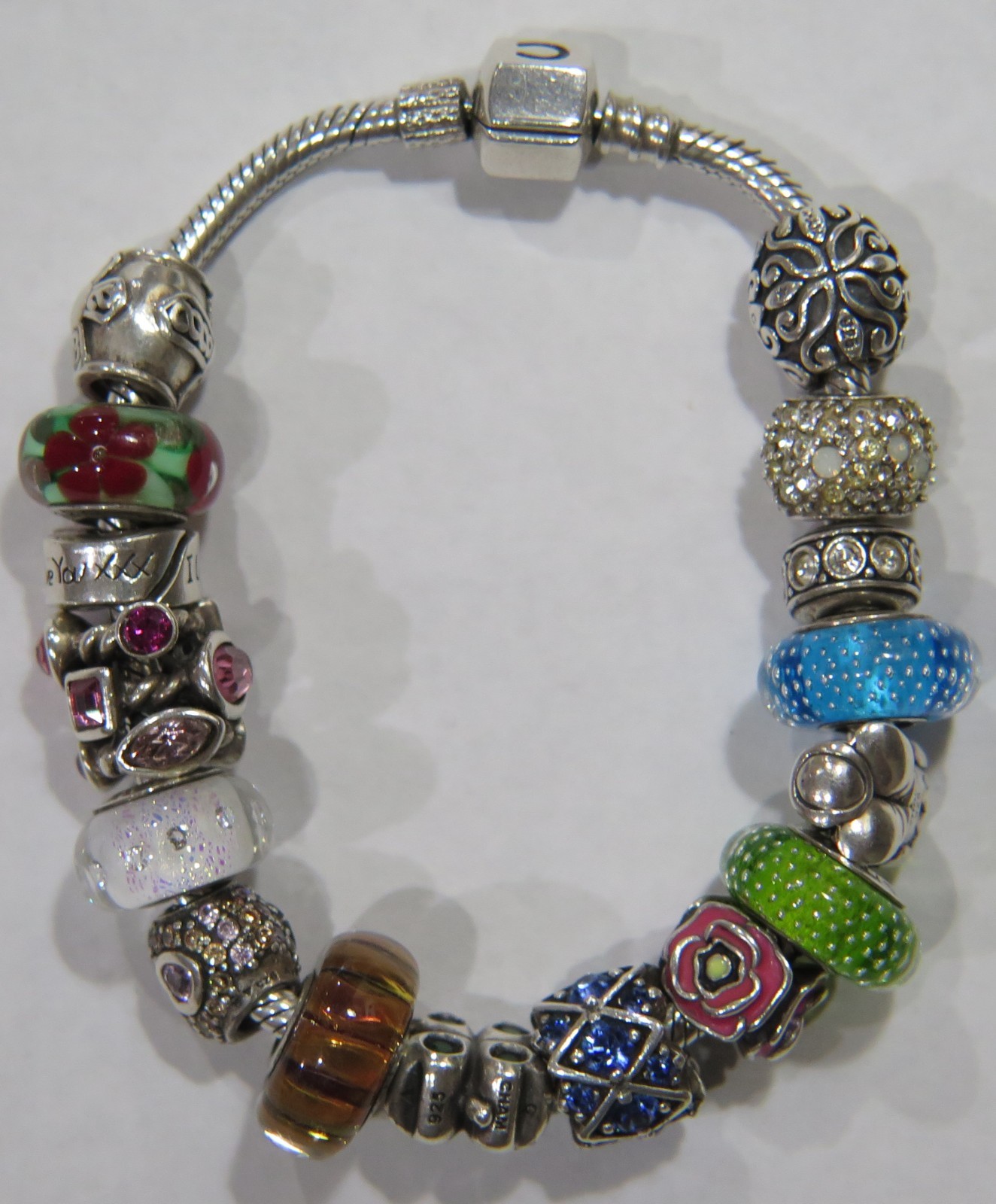 CHAMILIA CHARM BRACELET W/ 16 CHARMS SWAROVSKI CRYSTAL MURANO + STERLING SILVER