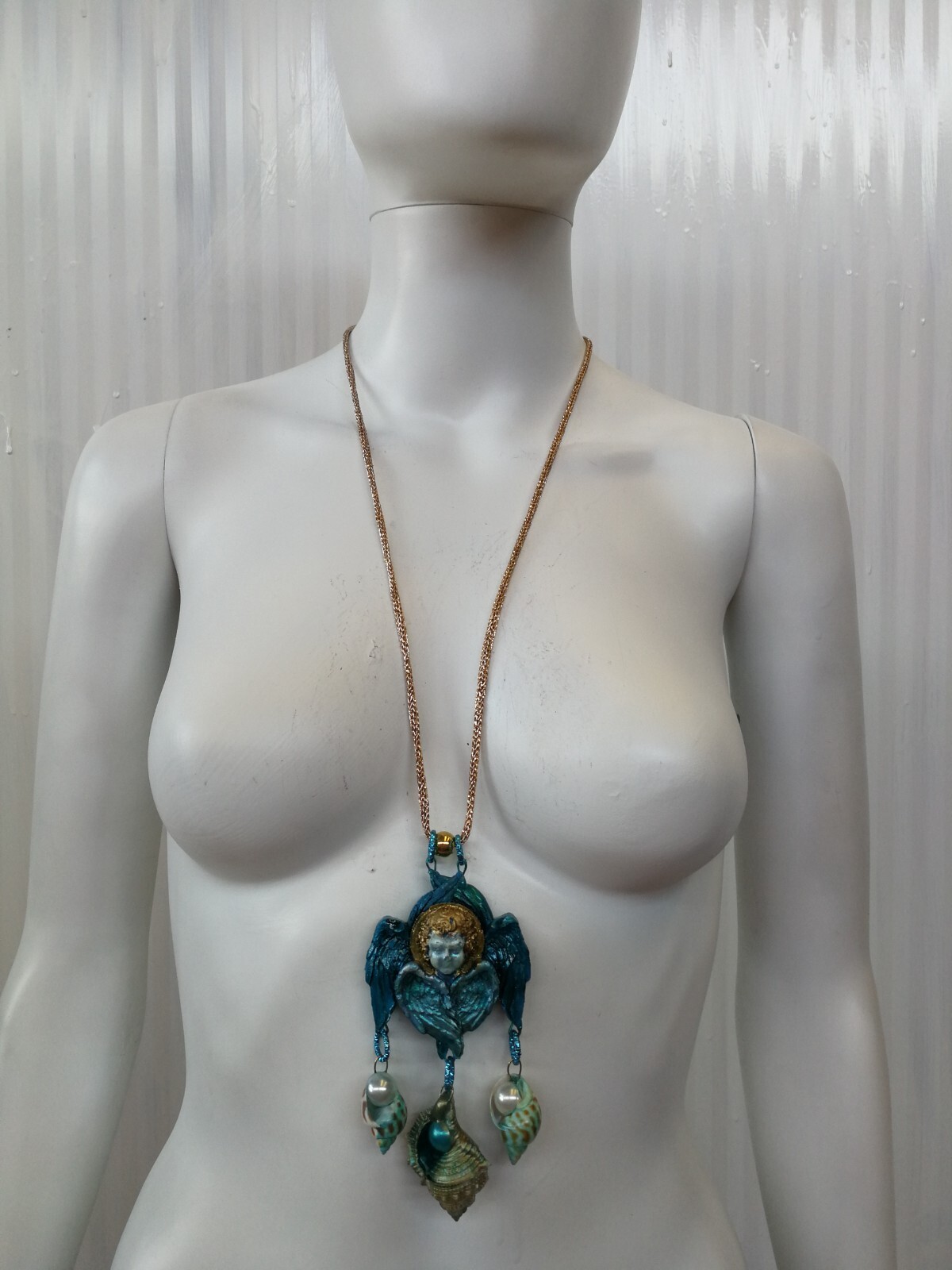 Talisman Amulet Blue Angel Rhinestone Necklace Pendant Wings Pearl Shell Jewelry