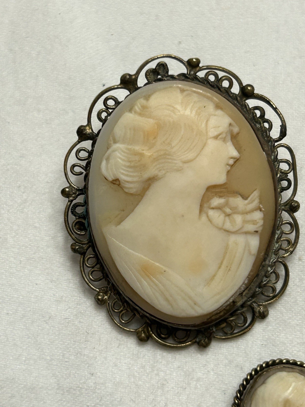 Antique Hand Carved Shell Cameo Brooch, Pendant & Bracelet Filigree Unmarked