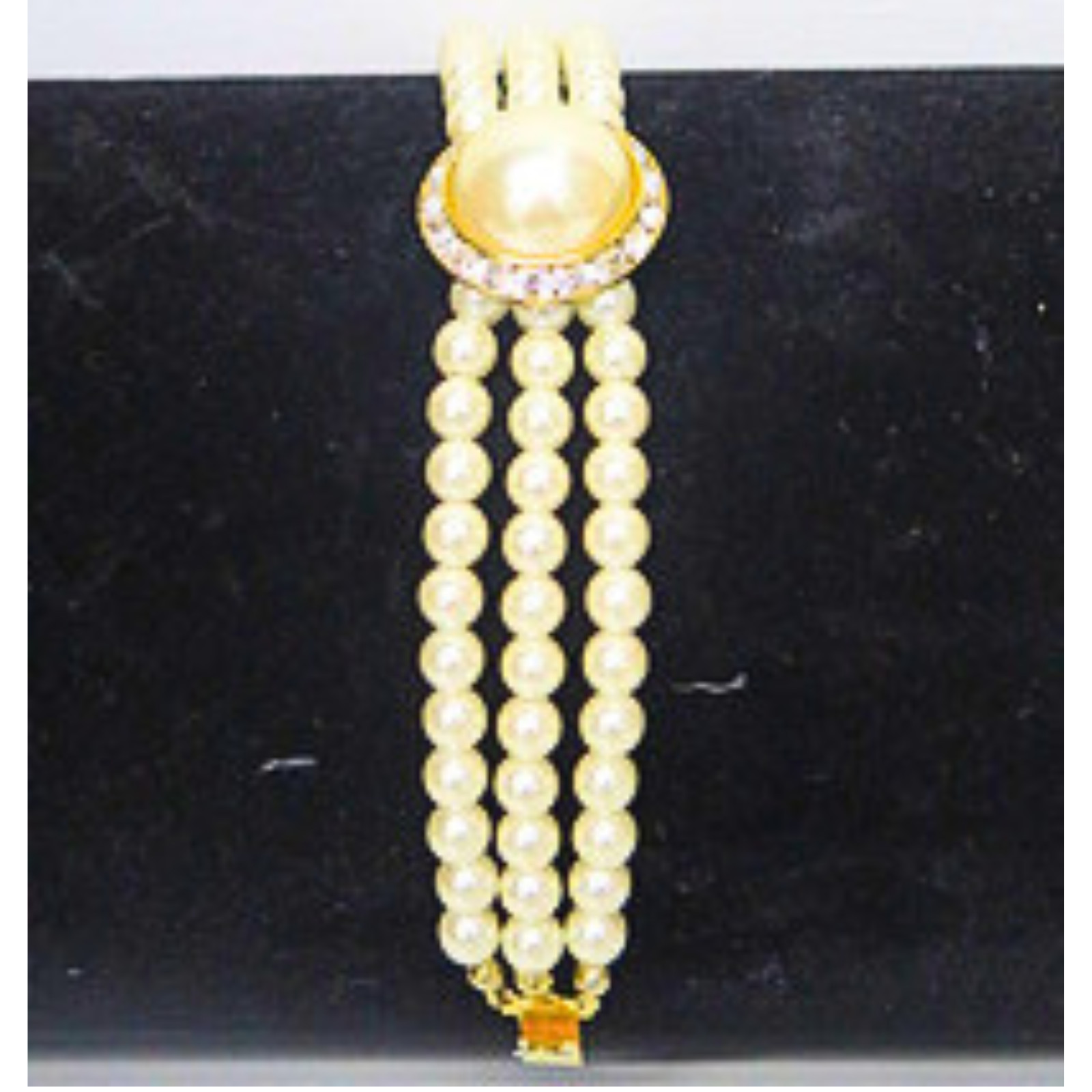 Vintage 4 Strand Faux Pearl Bracelet Rhinestone Gold Tone Estate 7.5″ Bridal