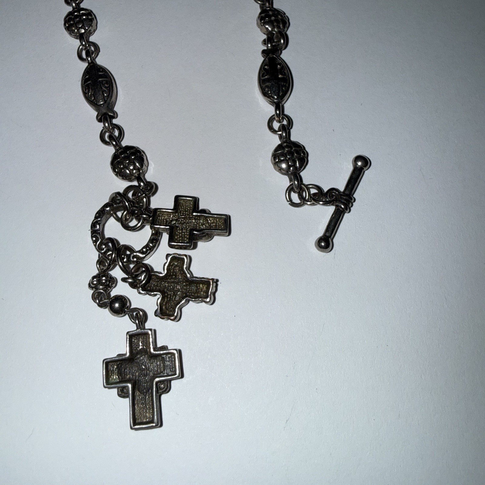 Silver Tone Toggle Link Chain Necklace | Religious Cross & Dove Charm Dangles