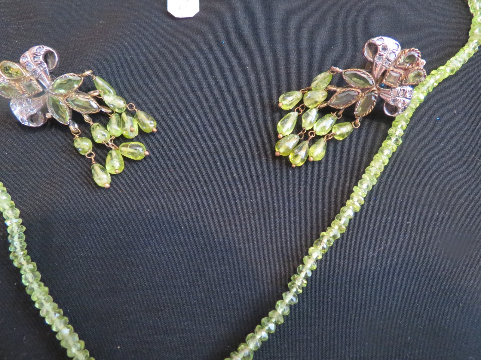 Vtg Chinese Export Green Glass Beads Silver Dangle Necklace & Pierced Earrings