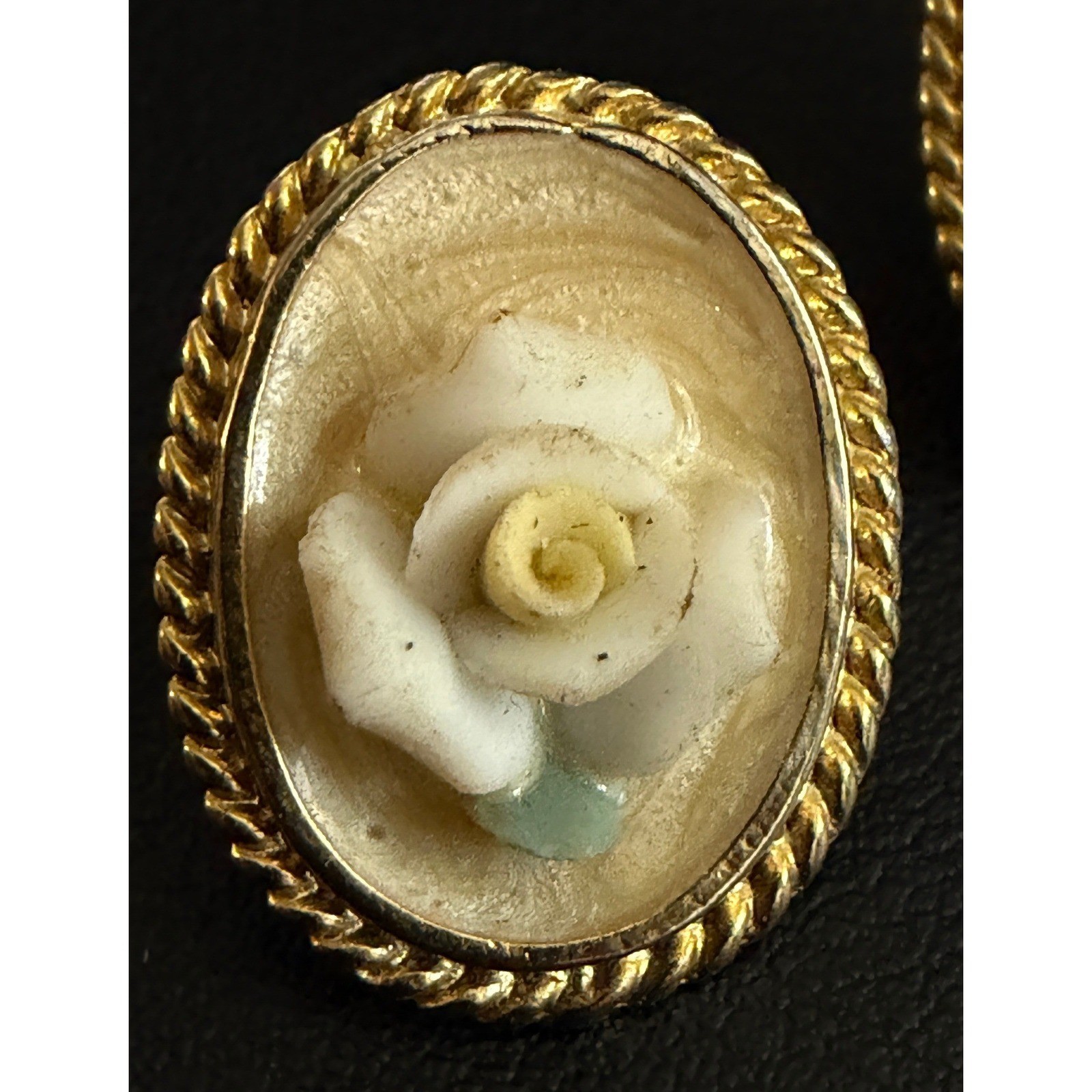 Vintage Earrings Romantic Enamel Porcelain Floral Gold Tone White Cream