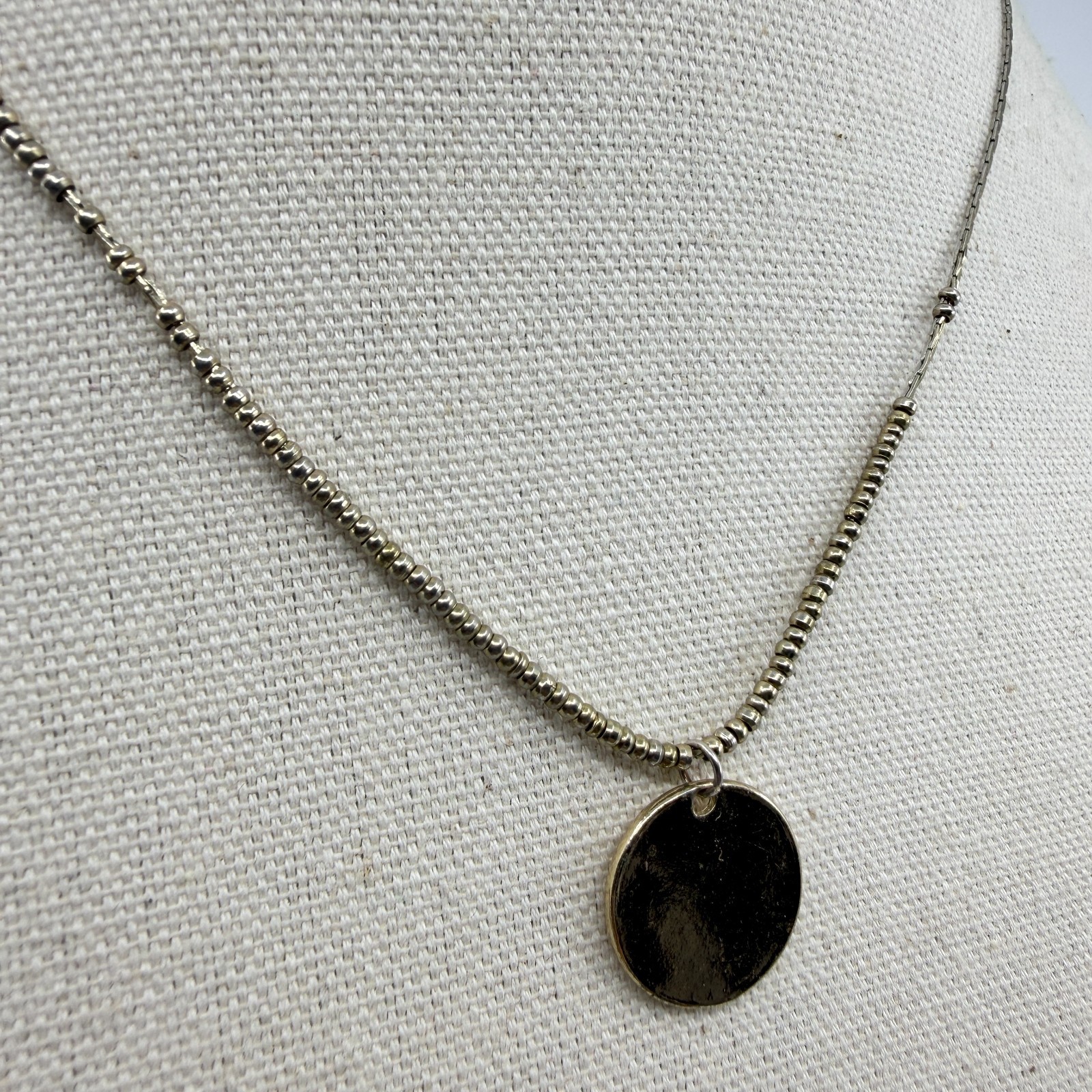 Silver Tone Disc Pendant Necklace Dainty Beaded Chain Minimalist Layering Chic