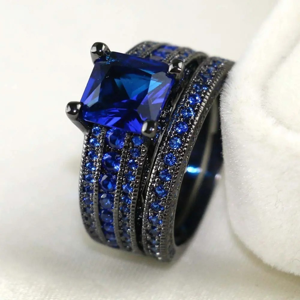 Vintage Black Blue CZ Wedding Engagement Ring Set Bridal Women Fashion Jewelry