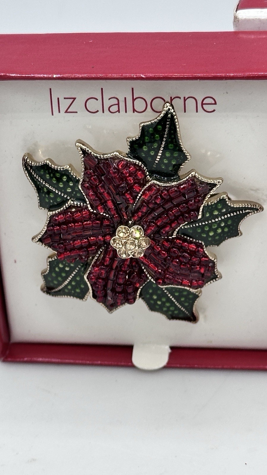 Liz Claiborne Poinsettia Brooch Pin Red Green Rhinestone Beaded w/ Box NWT